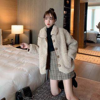 Faux Shearling Buttoned Jacket / Plaid Mini A-line Skirt