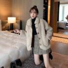 Faux Shearling Buttoned Jacket / Plaid Mini A-line Skirt