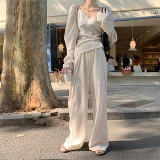 V-neck Camisole Top / Puff-sleeve Crop Top / Wide-leg Pants