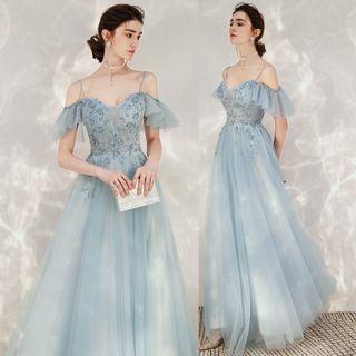Off-shoulder Floral Embroidered Mesh A-line Evening Gown