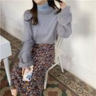 Plain Sweater / Long-sleeve Turtle-neck T-shirt / Floral-pattern Midi A-line Skirt