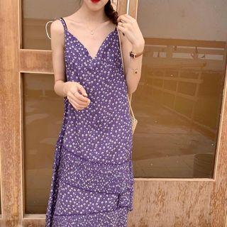 Spaghetti Strap Floral A-line Midi Dress / Long-sleeve Shirt