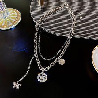 Smiley Face Pendant Layered Necklace Silver - One Size