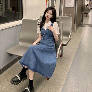 Short-sleeve Blouse / Washed Denim Midi Overall Dress