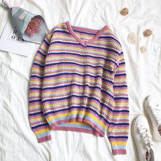Striped V-neck Sweater Stripes - Pink - One Size