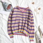 Striped V-neck Sweater Stripes - Pink - One Size