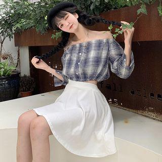 Cold Shoulder 3/4-sleeve Top Plaid - Blue - One Size