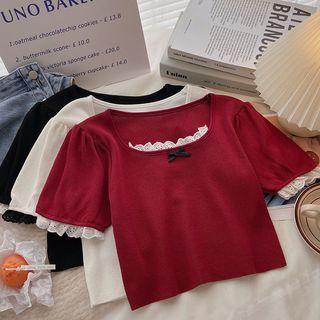 Short-sleeve Square-neck Panel Lace Knit Top