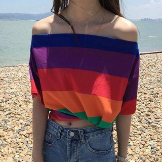 Off-shoulder Short-sleeve Striped T-shirt As Shown In Figure - One Size