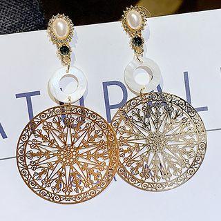 Faux Pearl Alloy Cutout Disc Dangle Earring