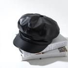 Faux Leather Newsboy Cap Mx050 - Black - One Size
