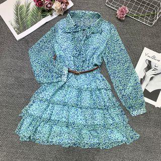 Long-sleeve Floral Print Tiered Dress