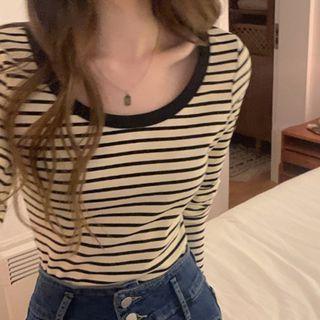 Long-sleeve Striped T-shirt Black Stripes - White - One Size