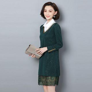 Long-sleeve Glitter Lace Panel Shirt Dress