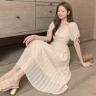 Balloon-sleeve Tie-cuff Midi A-line Dress