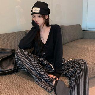 Plain Cardigan / Striped Wide-leg Pants