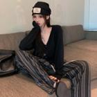 Plain Cardigan / Striped Wide-leg Pants