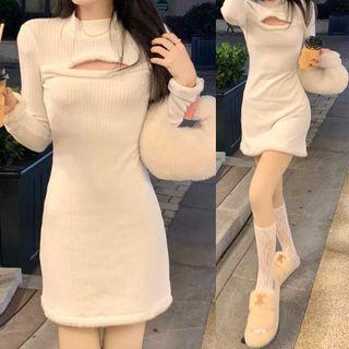 Long-sleeve Cutout Fluffy Trim Mini Bodycon Dress