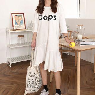 Lettering 3/4-sleeve Asymmetric A-line Dress