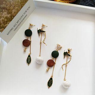Non-matching Wooden Disc Alloy Bird Dangle Earring
