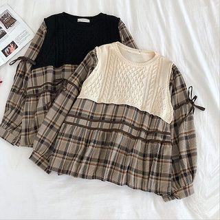 Knit Panel Plaid Blouse