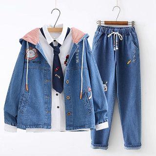 Set: Embroidered Button Denim Hooded Jacket + Harem Jeans
