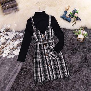 Set: Plaid Pinafore Dress + Turtleneck Long-sleeve Top