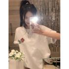 Elbow-sleeve Flower Embroidered T-shirt Red Flower - Melange Gray - One Size