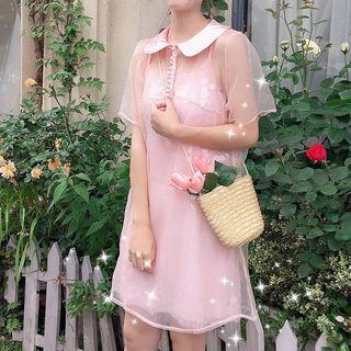 Spaghetti Strap Sequined Lace A-line Mini Dress / Elbow-sleeve Mesh Dress