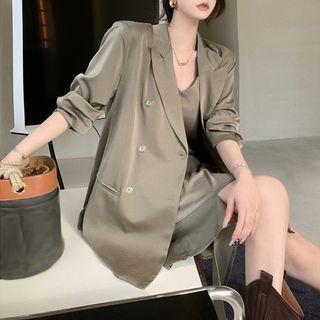 Satin Double-breasted Loose Blazer / Asymmetrical Sleeveless Midi Dress