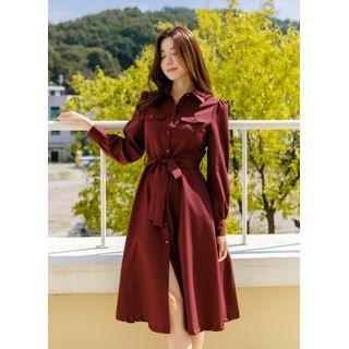 Flap-pocket Flared Midi Shirtdress With Sash