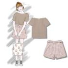 Off-shoulder Short-sleeve T-shirt/ Gingham Wide-leg Shorts