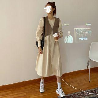 Long-sleeve A-line Midi Dress / Open-front Vest