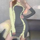 Set: Halter-neck Asymmetrical Sheath Dress + Arm Sleeves