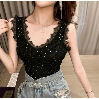 V-neck Lace Panel Tank Top Black - One Size
