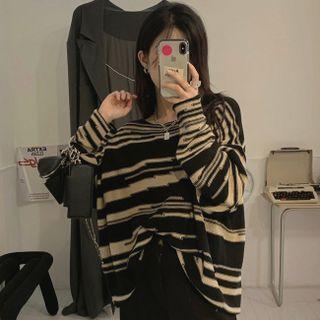 Long-sleeve Loose-fit Striped Knit Top Black & Almond - One Size