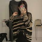 Long-sleeve Loose-fit Striped Knit Top Black & Almond - One Size