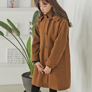 Detachable-hood Buttoned Wool Blend Coat