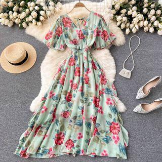 V-neck Ruffle Chiffon Short-sleeve Dress