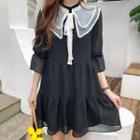 Elbow-sleeve Lace Collar Dress Black - One Size