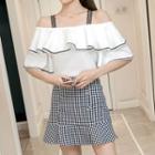 Set: Off-shoulder Elbow-sleeve Top + Plaid A-line Skirt