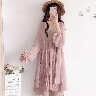 Spaghetti-strap Midi A-line Dress / Balloon-sleeve Open-front Jacket