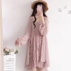 Spaghetti-strap Midi A-line Dress / Balloon-sleeve Open-front Jacket