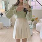 Long Sleeve Ruffled Button-up Shirt / Plain Pleated Mini A-line Skirt