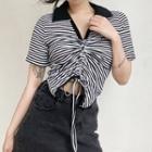 Short-sleeve V-neck Striped Cropped T-shirt