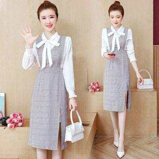 Set: Long Sleeve Tie-neck Blouse + Plaid Slit-hem Pinafore Dress