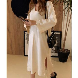 V-neck Slit-hem Knit Dress Ivory - One Size