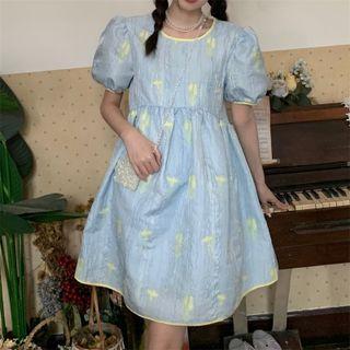 Puff-sleeve Print Mini A-line Dress Yellow Printed - Blue - One Size