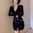 Long-sleeve V-neck Double-breasted Knit Mini Bodycon Dress Black - One Size