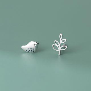 Bird Leaf Asymmetrical Sterling Silver Earring 1 Pair - Silver - One Size